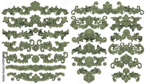 Vintage decorative ornamental elements. Design set. Editable hand drawn illustration. Vector engraving. Isolated on white background. 8 EPS