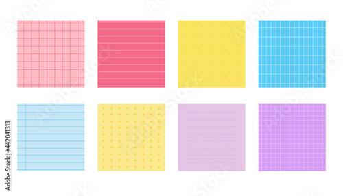 Flat colored paper notes set. Squared templates sheet with different linear, cross, dotted and grid patterns. School elements, notebook paper. Copybook cover. Isolated on white vector illustration