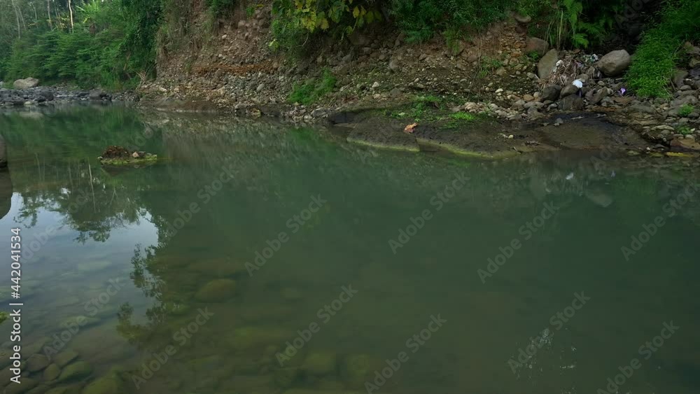 Peaceful quiet riverside panning shot view with clear green water, volcanic rocks boulder with trees reflection Peaceful quiet riverside panning shot view with clear green water, volcanic rocks boulder with trees reflection