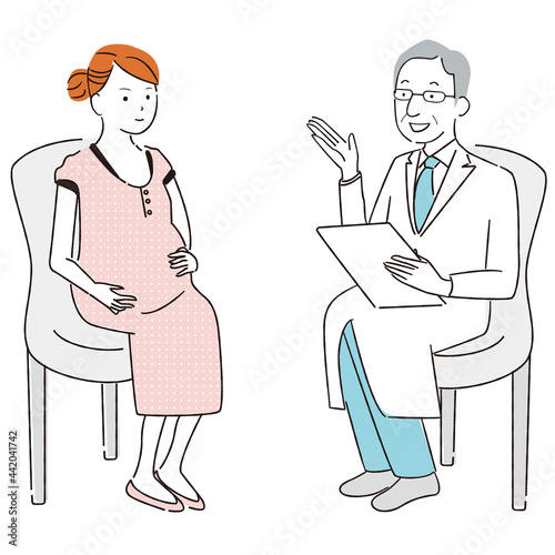 手書き線画カラーイラスト　患者と医師　妊婦の女性