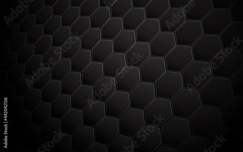 Abstract black hexagon and gold line geometric perspective background. Vector illustration