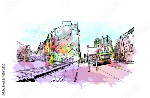 Building view with landmark of Glasgow is the 
city in Scotland. Watercolor splash with hand drawn sketch illustration in vector.