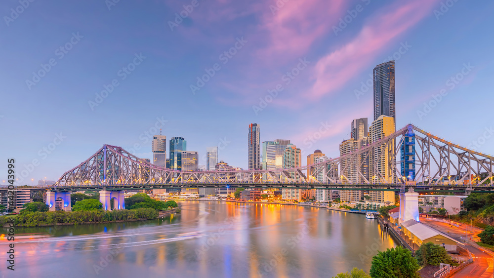 Brisbane city skyline and Brisbane river at sunset