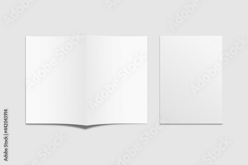 Realistic blank bifold brochure for mockup. Catalog illustration. 3D Render.