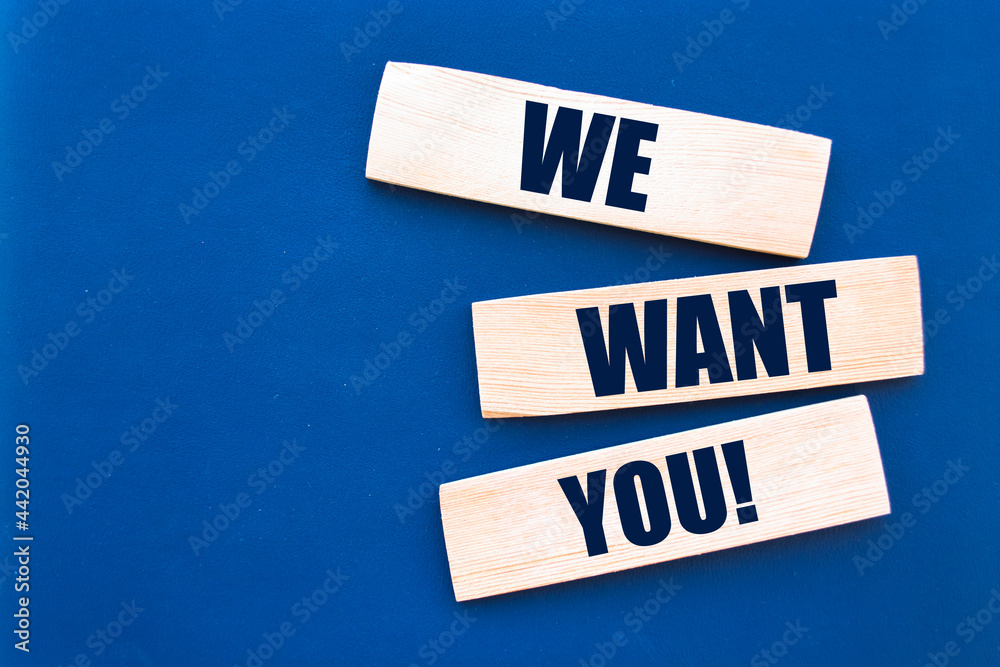 Obraz na plátně We want you! words on wooden blocks on blue background.