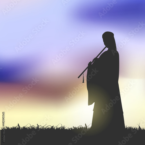 An Ancient Chinese Beauty Playing A Chinese Flute Under The Sunset