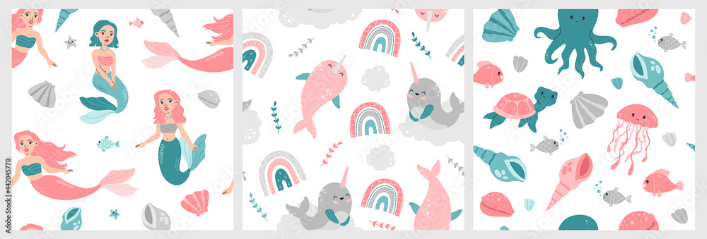 Set of cute mermaids and ocean creatures seamless patterns. Underwater inhabitants octopus, turtle and fish, trendy animals, vector flat cartoon print on white background, repeat design for wallpapers