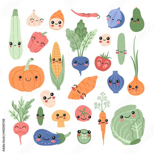 Kawaii baby vegetables set, funny cartoon vitamin plant sticker collection. Smiling cute food characters concept sweet potato, tomato, pumpkin, avocado, corn pastel colors clipart in modern flat style