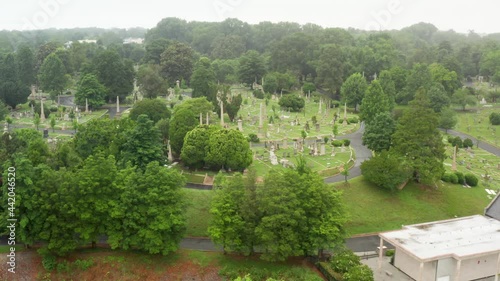 Chapel on hillside of Hollywood Cemetery, Richmond Virginia. Aerial drone shot during summer rainy day. photo