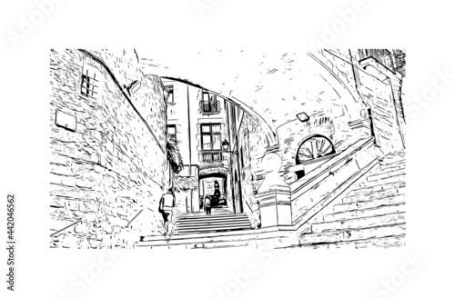 Building view with landmark of Girona is a city in Spain. Hand drawn sketch illustration in vector.