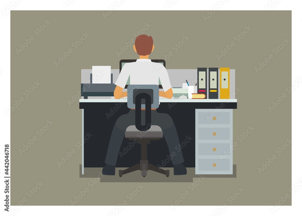 Male office employee working, backside view Male office employee working, backside view