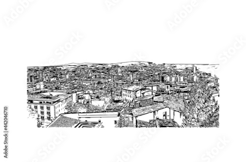 Building view with landmark of Girona is a city in Spain. Hand drawn sketch illustration in vector.