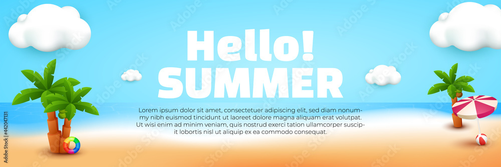 hello summer banner template post with 3d element illustration