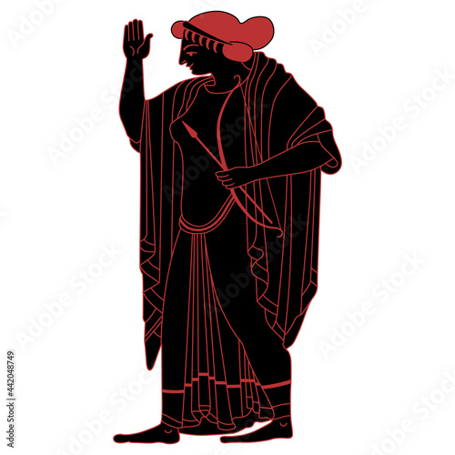 Standing ancient Greek goddess Artemis holding bow and arrows. Black and red silhouette. Vase painting style. Antique woman in long dress with raised hand.