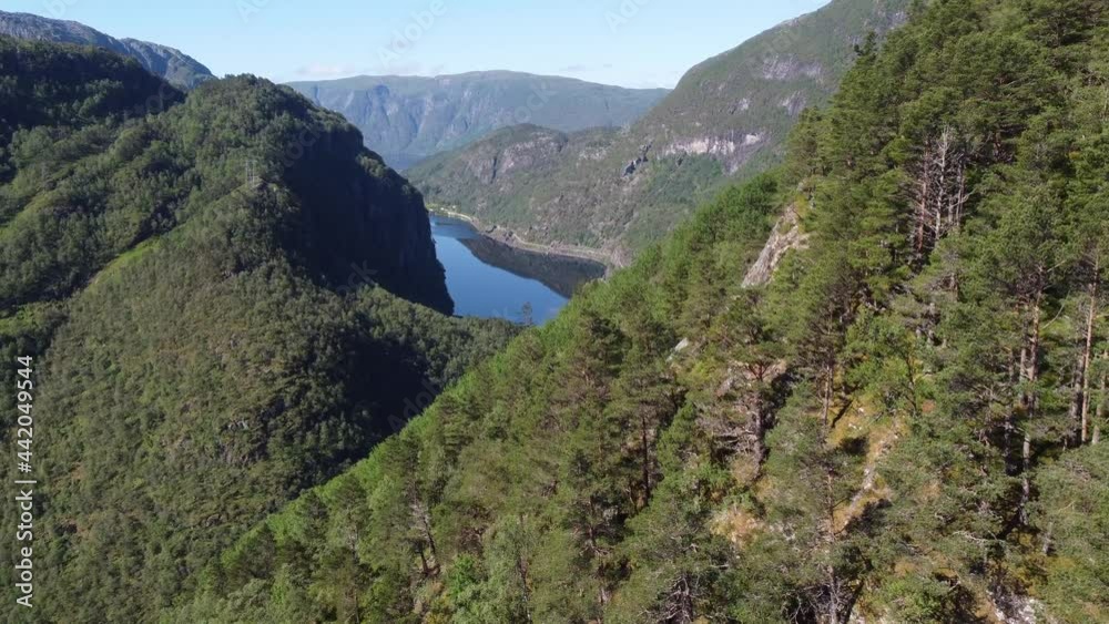 Passing over treetops high up in mountainside to tilt down revealing Norway highway E-16 between railroad and fjord Dalevagen - Beautiful deep valley landscape with sun and green trees Passing over treetops high up in mountainside to tilt down revealing Norway highway E-16 between railroad and fjord Dalevagen - Beautiful deep valley landscape with sun and green trees