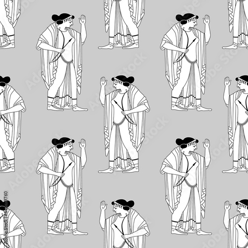 Seamless monochrome pattern with silhouettes of ancient Greek goddess Artemis holding bow and arrow.