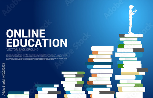 Concept background for power of knowledge. Vector silhouette man use mobile phone standing on stack of books.