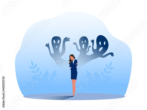 Depressed girl with anxiety and scary fantasies feeling sorrow,fears, sadness vector illustration