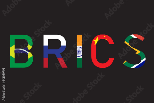 BRICS - Association of 5 countries : Brazil, Russia, India, China and South Africa. Sign or symbol flag on black background . Vector illustration design