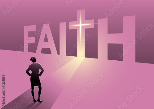 Businesswoman standing in front of faith door
