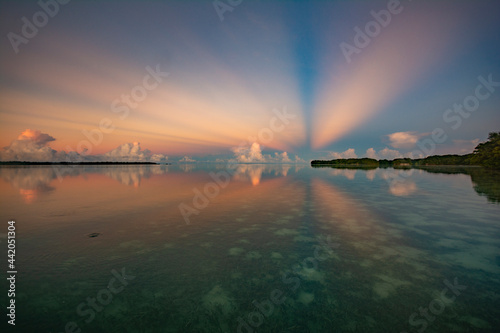 Beautiful sunrise  ocean and reflection at the carp island  the Rock Islands Southern Lagoon  Palau  Pacific island