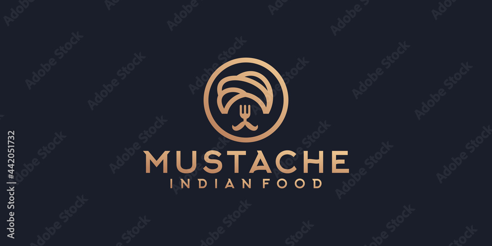 indian food logo with mustache and fork concept template design