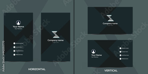 Double-sided creative business card template. Portrait and landscape orientation. Horizontal and vertical layout. Vector illustration. Gray business card idea.