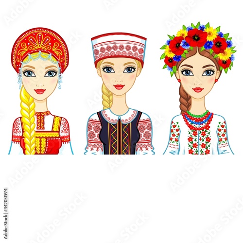 Set of animation portraits of Slavic girls in traditional suits. Russia, Belarus, Ukraine. Vector illustration isolated on a white background.