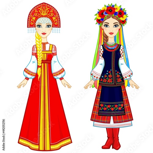 Slavic people. Animation portrait of the Russian and Ukrainian woman in traditional clothes. Eastern Europe.  Fairy tale character. Full growth. Vector illustration isolated on a white background.