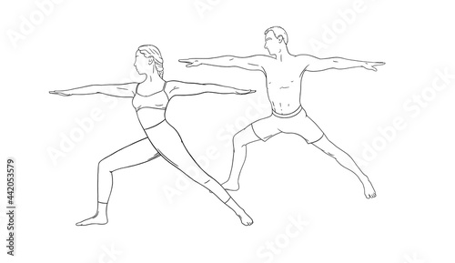 Yoga warrior asana or virabhadrasana I. Woman and man couple practicing yoga asana. Hand drawn vector illustration isolated on white background
