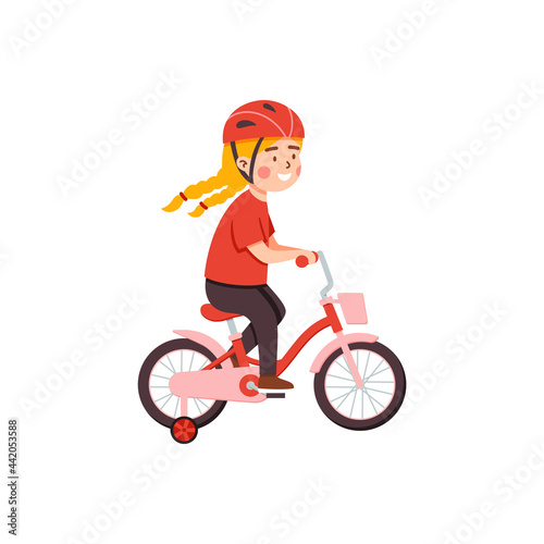 Cute funny girl in helmet riding bicycle, flat vector illustration isolated.