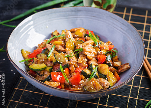 Stir fry with chicken, zucchini and sweet peppers - Chinese food.