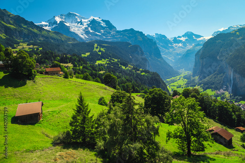 Wonderful alpine green fields and snowy mountains, Wengen, Lauterbrunnen, Switzerland