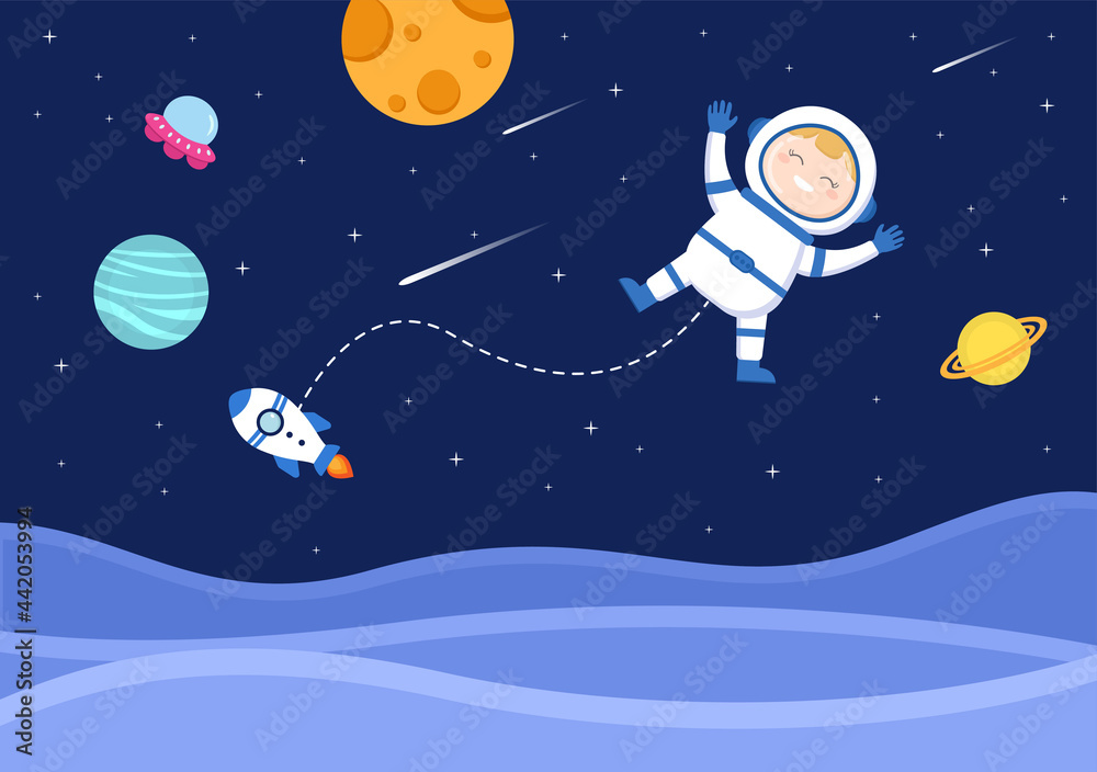 Astronaut With Rocket Illustration For Explore In Outer Space And Movement To See Stars, Moon, Planets Or Asteroids Astronaut With Rocket Illustration For Explore In Outer Space And Movement To See Stars, Moon, Planets Or Asteroids