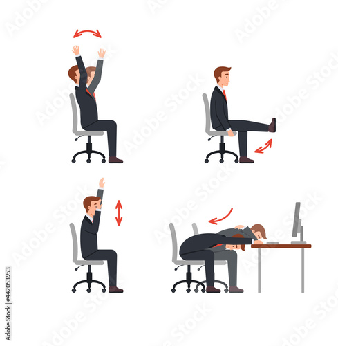 Exercises for office employees at workplace flat vector illustration isolated.