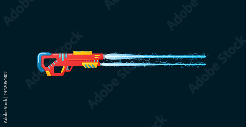 Futuristic gun blaster with laser ray a flat cartoon vector illustration.