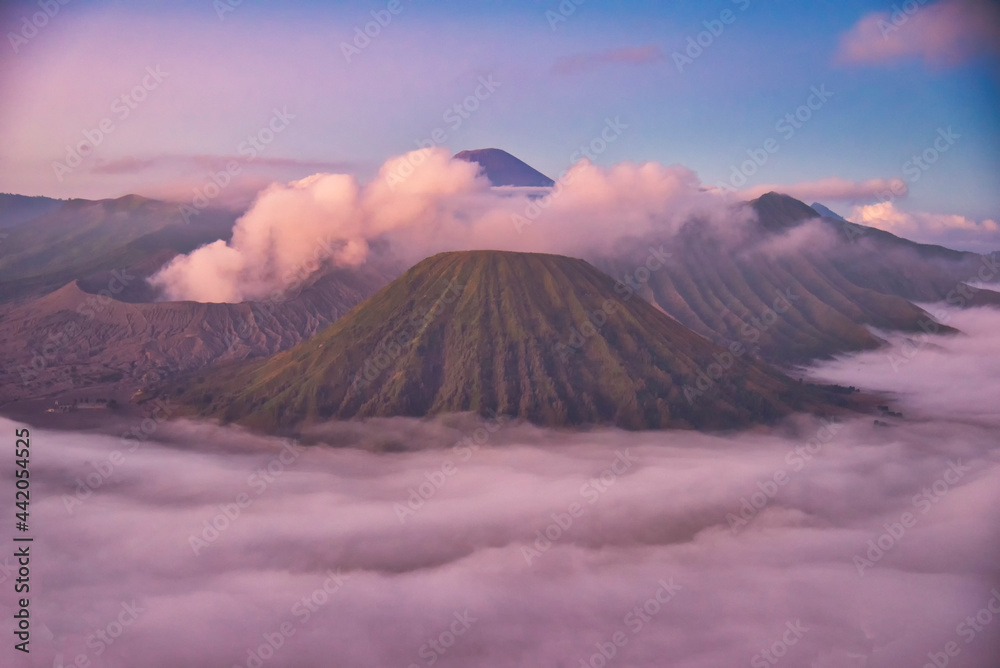Mount Bromo volcano at sunrise with colorful sky background in Bromo Tengger Semeru National Park, East Java, Indonesia.