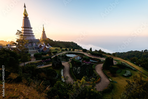 Landscape of two pagoda on the top of Inthanon mountain at morning sunrise, View point from Kew Mae Pan Nature Trail on Doi Inthanon National Park, Chiang Mai, Thailand. © tonjung