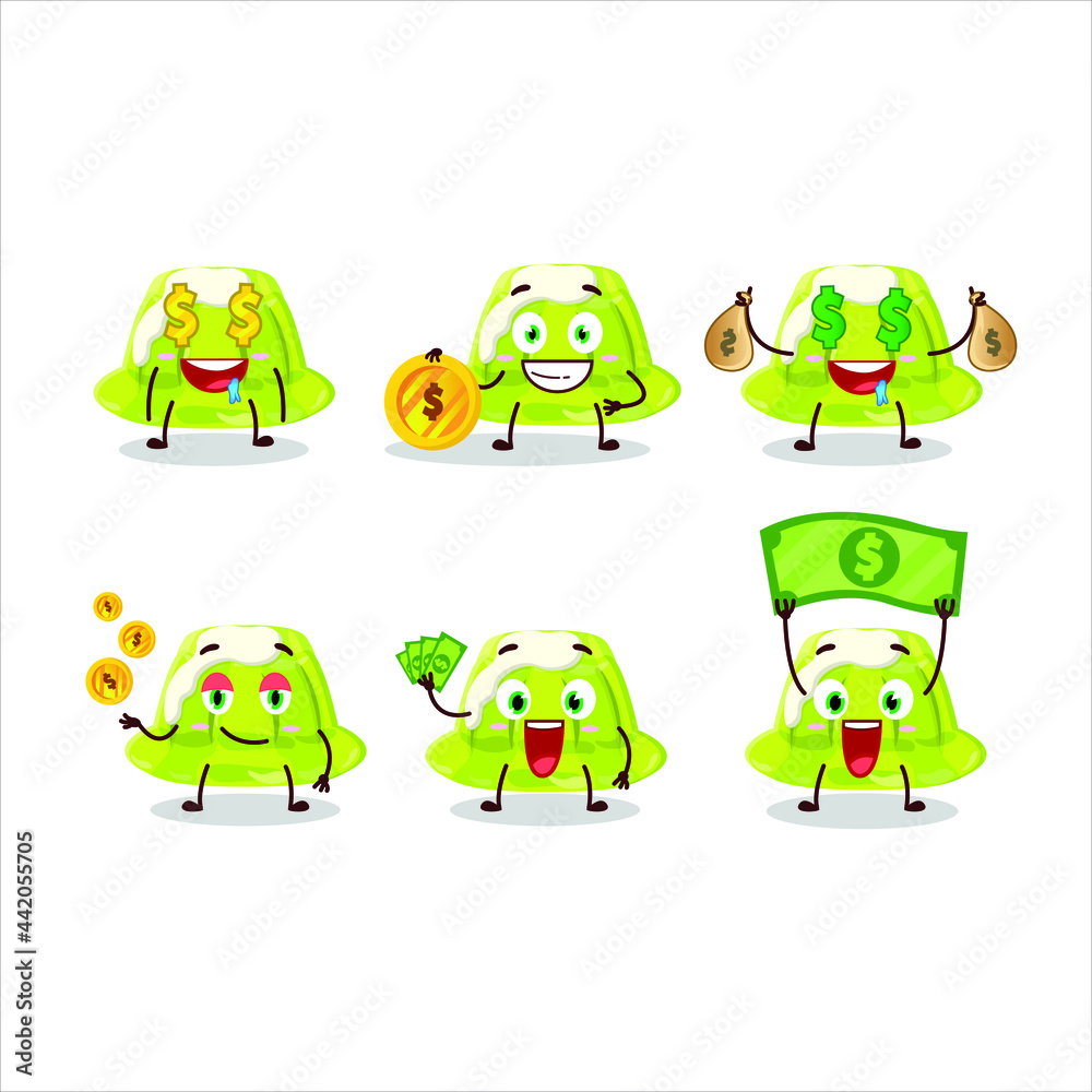 Green pudding cartoon character with cute emoticon bring money. Vector illustration Green pudding cartoon character with cute emoticon bring money. Vector illustration