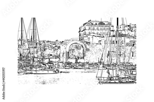 Building view with landmark of Heraklion is the 
city in Greece. Hand drawn sketch illustration in vector.