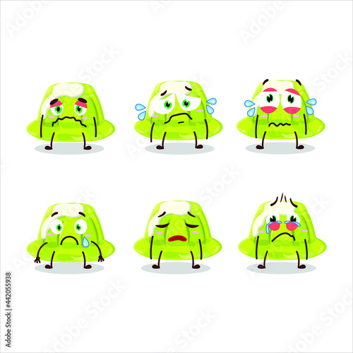 Green pudding cartoon character with sad expression. Vector illustration