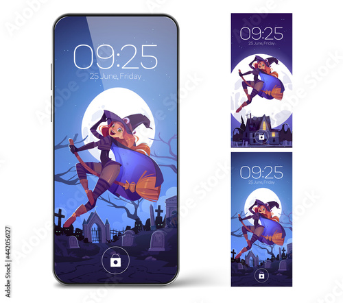 Smartphone lock screen with Witch flying on broom. Mobile phone onboard page with date and time, digital wallpapers background for cellphone device, Cartoon user interface design set