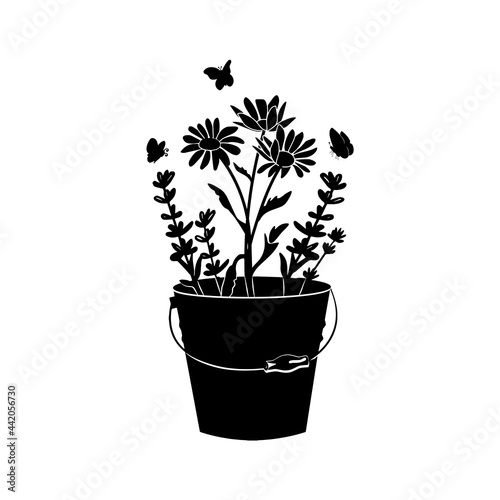 iron bucket with lavender and chamomile. silhouette. vector. eps