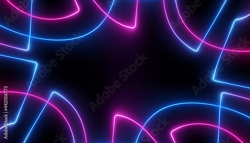 neon blue pink futuristic ultraviolet energy curvy glowing lines laser tunnel Sci-Fi black high resolution background with space for text or logo