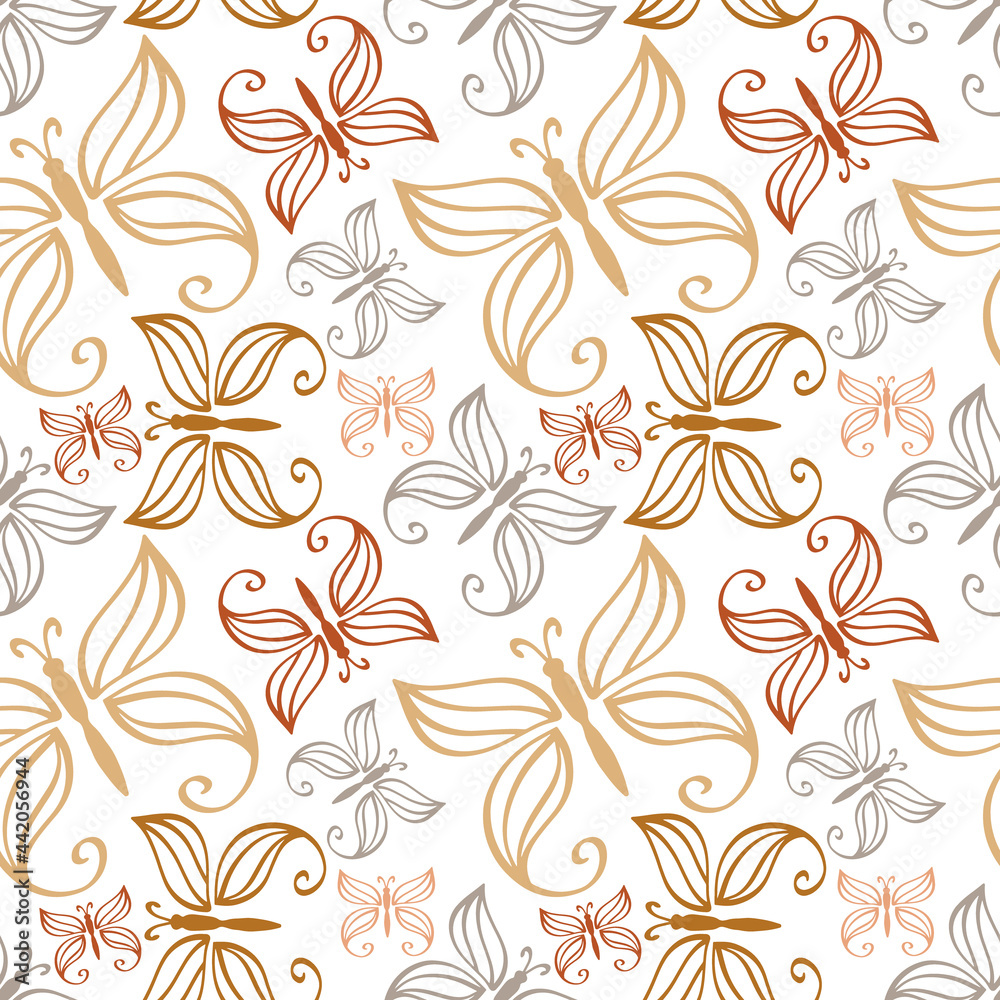 Doodle butterfly seamless pattern isolated on white. Hand drawn line art. Sketch animal. Vector stock illustration. EPS 10