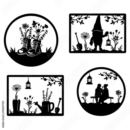 garden design in different frames. gnome holds a flashlight, an elderly couple sits on a bench, rear view. rubber boots with flowers. high boots in retro style with lavender and chamomile flowers.