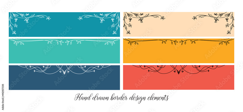 Set of border design elements on blue and orange background vector, website banner or header in abstract hand drawn floral designs with symmetry, elegant minimal black or white outline sketch