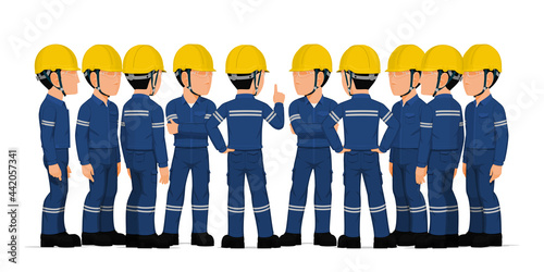 Ten industrial workers have a meeting on white background