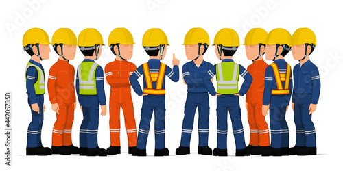 Ten industrial workers have a meeting on white background