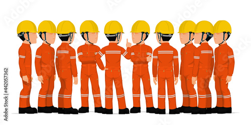 Ten industrial workers have a meeting on white background